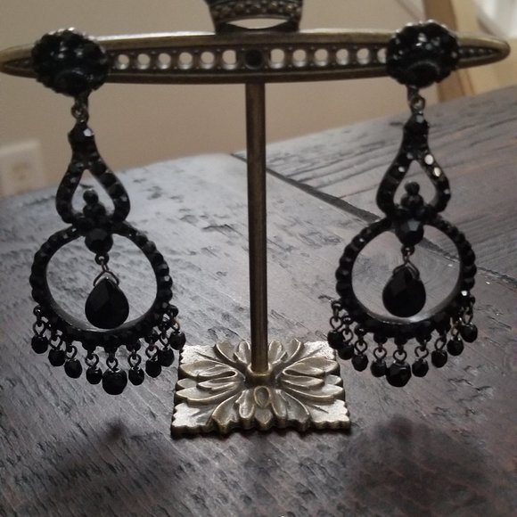 VINTAGE STATEMENT JOSE & MARIA BARRERA BLACK CRYSTAL DANGLE CHANDELIER EARRINGS - Picture 5 of 12